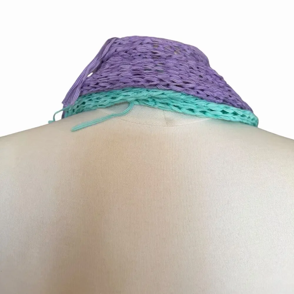 Handmade Mesh Knit Infinity Scarf Fringe Drop Stitch Cowl Fringe Lavender Aqua